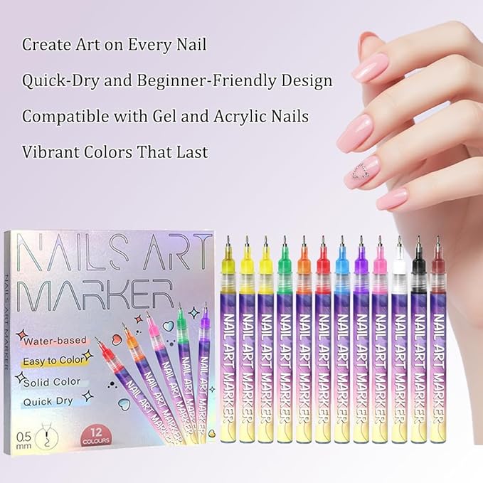 Nail Art Pens Kit, Quick Dry Nail Polish Pens in 12 Colors, Easy Art Markers for DIY Nails, Weddings and Creative Manicures
