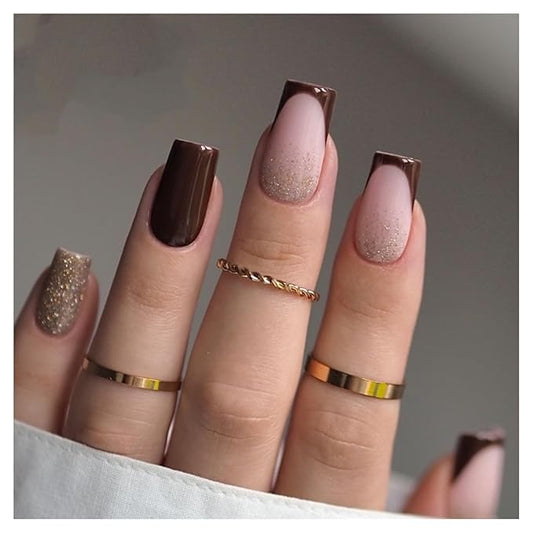 SHELWIN French Press On Nails Ready-To-Wear DIY Manicure Stick On Nails kit for Women 24 Pcs Short Medium Coffin Almond Shaped False Nails Gifts（Morning Coffee）