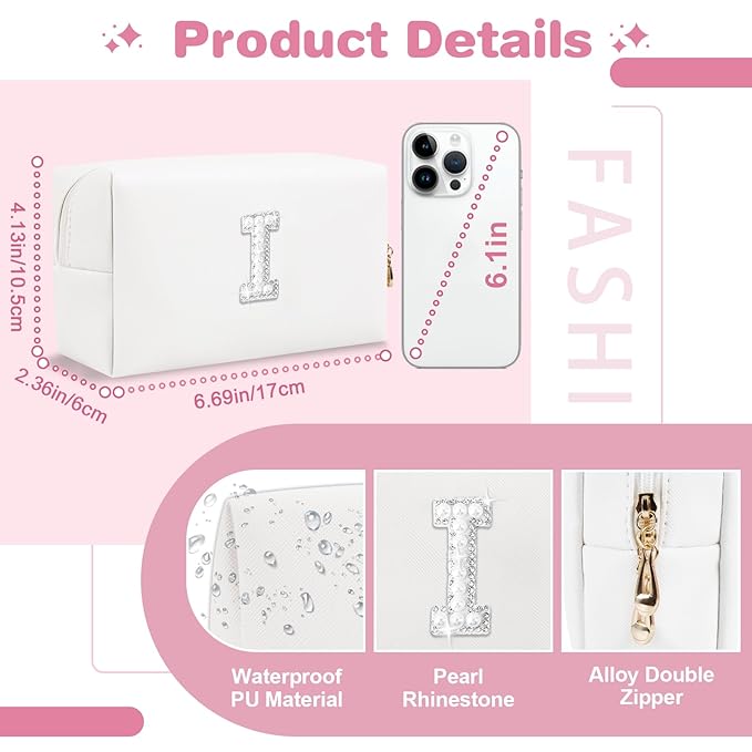 Bride Gifts – Personalized Initial Makeup Bag with Pearl Rhinestone Patch, Preppy White Monogram Cosmetic/Toiletry Pouch, bridesmaid Gifts, Bridal Shower Gifts, Wedding Gifts, Bridal Gifts,I