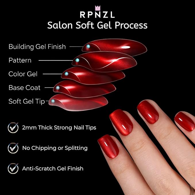 RPNZL Press On Nails - Ruby | Red Cat Eye Short Square UV Finish Nails, Salon Quality | 32 Nails, 16 Sizes Kit with Glue and Adhesive Tabs I Female Founded