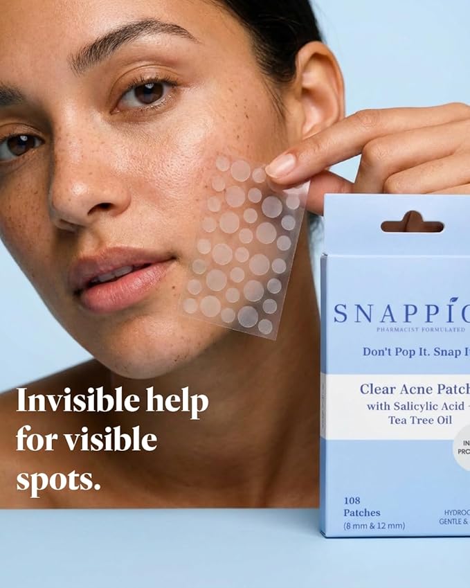 Snappios Clear Acne Patches – Pharmacist‑Formulated Hydrocolloid Pimple Stickers with Salicylic Acid & Tea Tree Oil (108 Count, 8 mm & 12 mm) – Invisible, Gentle & Fast‑Acting