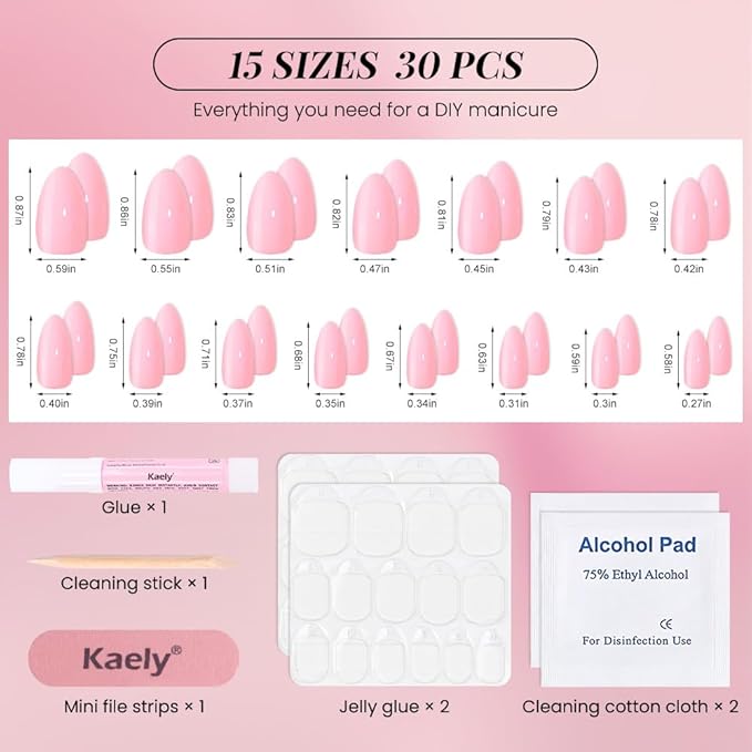 evpct Glossy Press on Nails Short Almond Short for Women, Baby Warm Pink Fake Nail with Kits Salon Quality Reusable Stick on Nails In 15 Sizes 30Pcs Full Cover False Nail Soft Gel Set Kit for Gift, 30