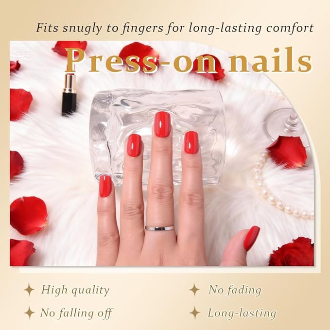 evpct Ruby Red Short Press on Nails Square, Glossy Soft Gel Acrylic Fake Press on Nails Manicure Kit, Reusable Artificial Stick on Nail for Women, Full Cover Easy Application Easy At-Home Salon