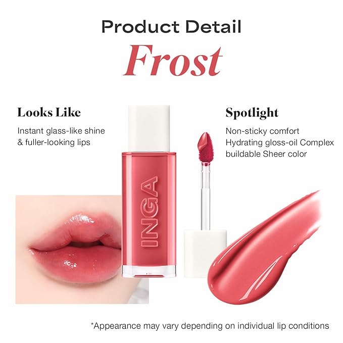 INGA Water Glow Lip Tint | Hydrating, Glossy Korean Lip Tint with Sheer Color & Glass-Like Shine | Long-Lasting, Non-Sticky Korean Lip Stain (FROST)