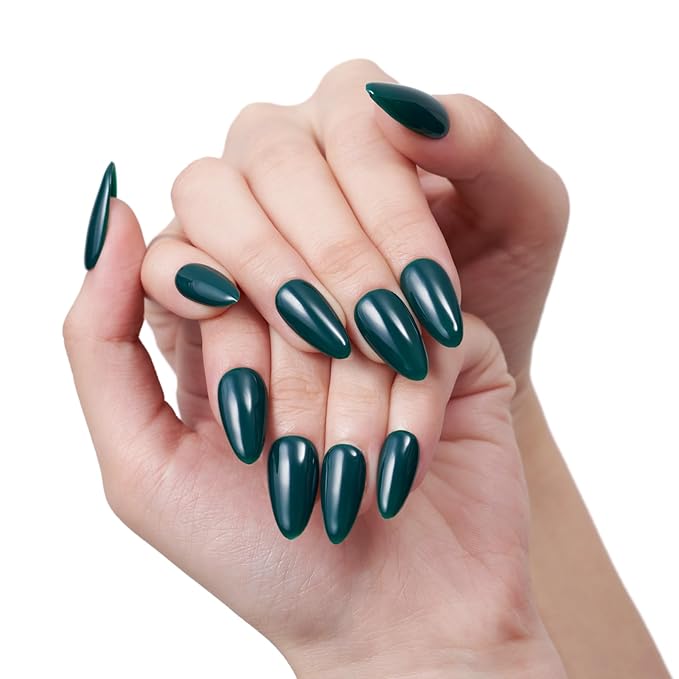 GLAMERMAID Dark Green Press on Nails Medium Almond, Holly Gel False Nail, Atrovirens Gloss Natural Stiletto Glue on Nails Kit for Women, Reusable Short Oval Stick on Acrylic Fake Nails Manicure Set