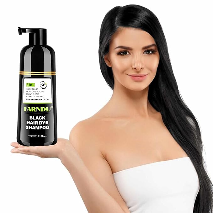 Farndu Black Hair Dye Shampoo- Gray Coverage, Herbal Natural 3 in 1 Hair Color Shampoo for Men & Women