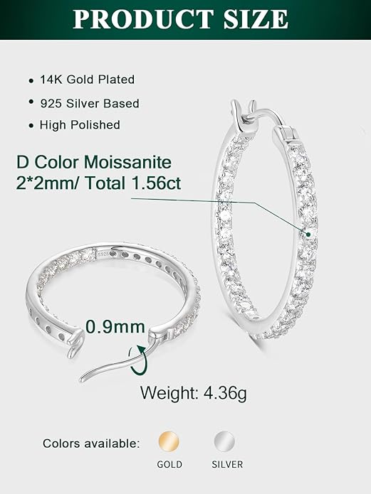 Wyyxl Womens Diamond Hoop Earrings, 20/25/30mm Small Hoop Sterling Silver Based Hypoallergenic Huggie Stud, Sparkle Moissanite 5a Cubic Zirconia Earings Jewelry for Woman Daily Party Wear