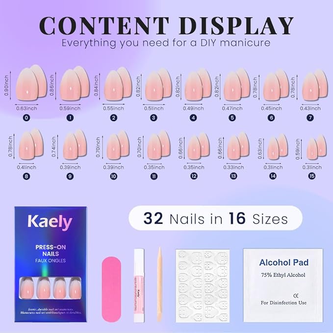 evpct Ombre Pink to Nude Press on Nails Short Almond, Short Almond Glossy Stick on Nails for Women Gift with Manicure Kit, Reusable Soft Gel Stick on Fake Nail with Ombre Designs Perfectly Fit