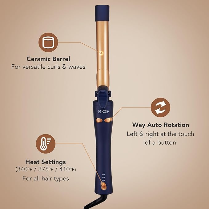 SKG Automatic Rotating Curling Iron, 1-Inch Ceramic Barrel, 2-Way Rotation, 3 Heat Levels, 60s Fast Heating, 30-Min Auto Shut-Off, Dual Voltage, for Effortless Beach Waves & Curls