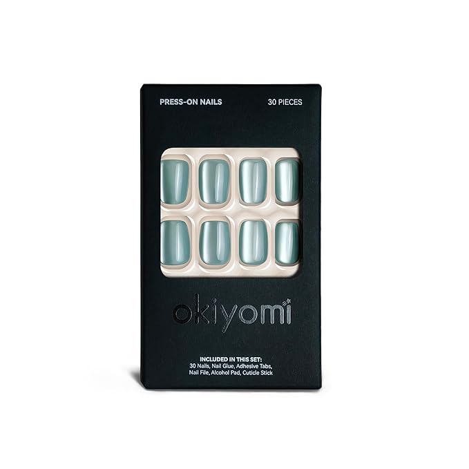 Okiyomi Blue Press on Nails - Sea Foam Cat Eye Press on Nails | Magnetic Turquoise Shimmer | Short Ballerina Squoval Shape | 15 Sizes - 30 Soft Gel Fake Nails with Glue and Stick On Tabs