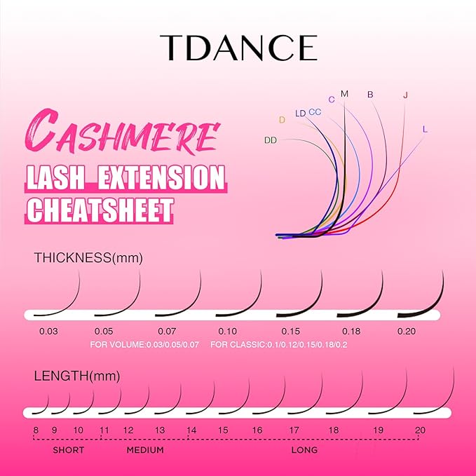 TDANCE Cashmere Lash Extensions Super Matte Black Volume Lash Extension C CC D DD B J L Curl 0.03-0.2mm Thickness Classic Lash Extensions Eyelash Extensions Professional Salon Use(0.03-M,8-15mm)