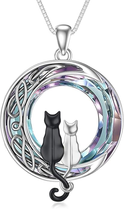 TOUPOP Cat Gifts for Cat Lovers One Two Three Four Cats Necklace Sterling Silver Cats on the Moon Pendant Necklace with Blue Circle Crystal Birthday Christmas Celtic Jewelry Gifts for Women