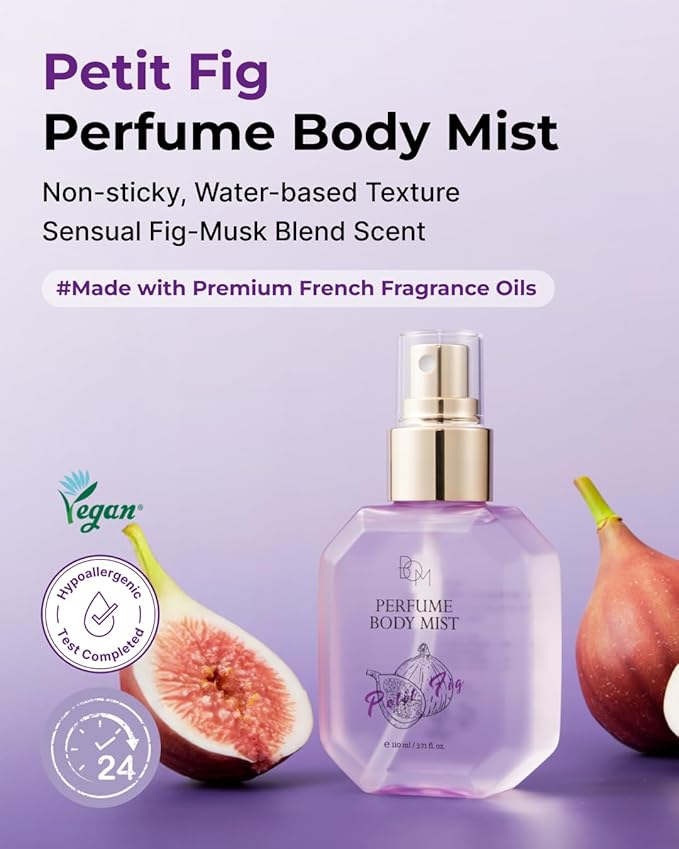 BOM Petit Fig Perfume Body Mist 3.71 Fl Oz, Fig Scented Mist with Hyaluronic Acid, Niacinamide & Vitamin C, Hydrating, Lightweight Body Perfume, Long Lasting Fragrance, Korean Skincare