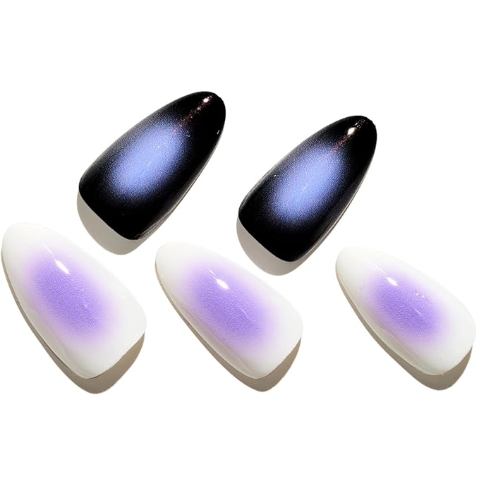 GLAMERMAID Black White Ombre Press on Nails Medium Almond, Purple Aurora Fake Crush Nails, Stiletto Fake Nails, Short Oval Stick Glue on Nails Tips for Women, Reusable Acrylic False Nail Kits