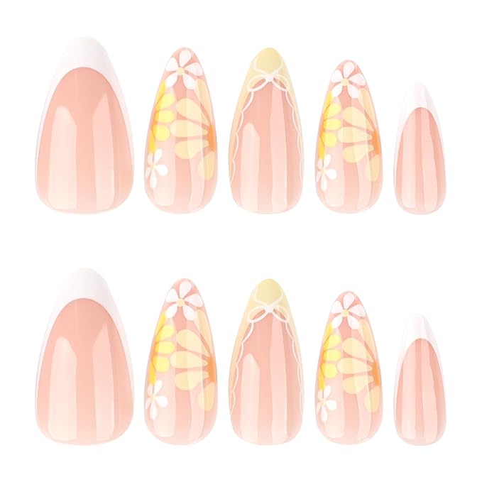 XZMeiLun French Tip Press On Nails Spring Summer Acrylic Nails for Women - Yellow Flower Designer Fake Nails Medium Almond 24Pcs, Outdoor Picnic/Wedding/Party Reusable Glue On Stick On Nails