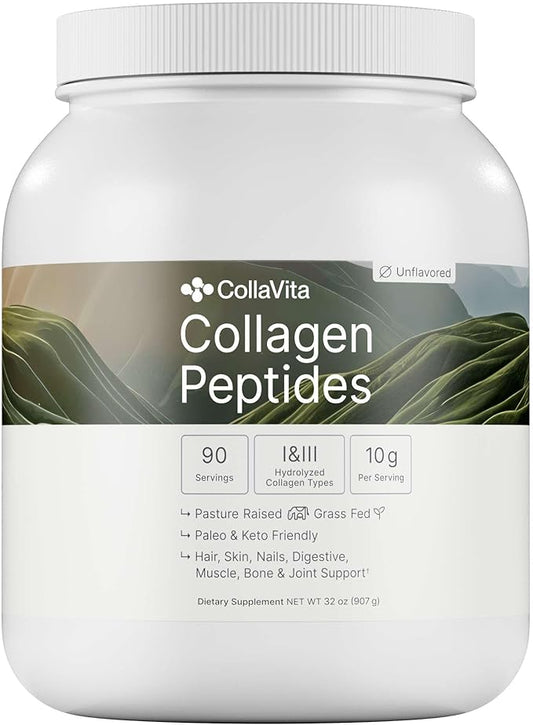 Colla Vita Collagen Peptides Powder Grass-Fed Pasture-Raised Hydrolyzed Collagen Powder, Type I & III Hair, Nails, Skin and Joints, Non-GMO, Paleo & Keto, Unflavored, 32 Fl oz. 90 Servings