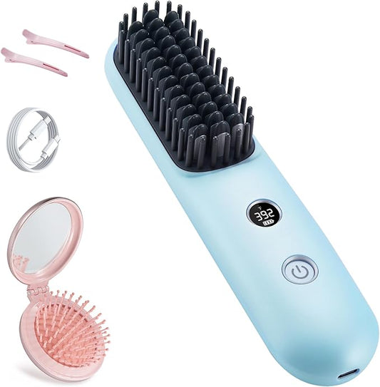 STUDLLY LCD Screen Cordless Hair Straightener Curler 2 in 1, Portable Mini Hair Straightening Brush for Travel Negative Ionic Fast Heating Hot Comb for Women, Folding Brush with Mirror, Blue