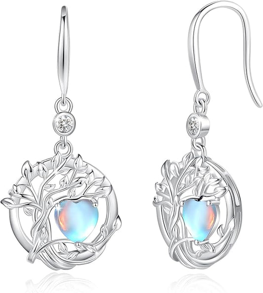 FANCIME Tree of Life Dangle Drop Earrings 925 Sterling Silver Dainty Round Gemstone Birthstone Earring Fine Jewelry Birthday Christmas Gifts for Her Women