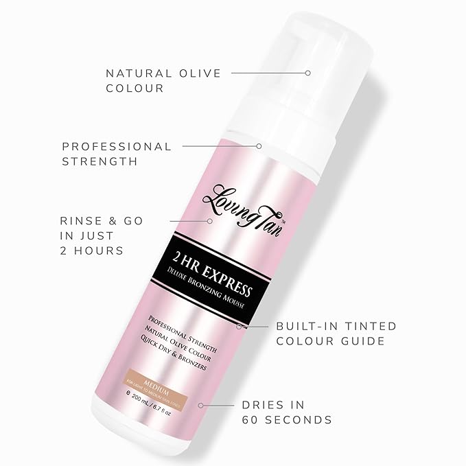 Loving Tan 2 HR Express Self Tanning Mousse, Medium - Streak Free, Natural, Professional Quality - 5+ Sunless Self Tanner Applications per Bottle, Cruelty Free, Naturally Derived DHA - 6.7 FL Oz