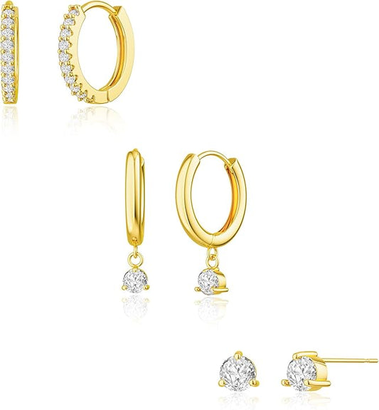 Freekiss 3 Pairs Gold Hoop Earrings Set: Dainty Stud Earrings Trendy Small 14K Gold Plated Hypoallergenic Dangle Cartilage Huggie Hoop Earrings for Women Gold Jewelry for Women Gifts