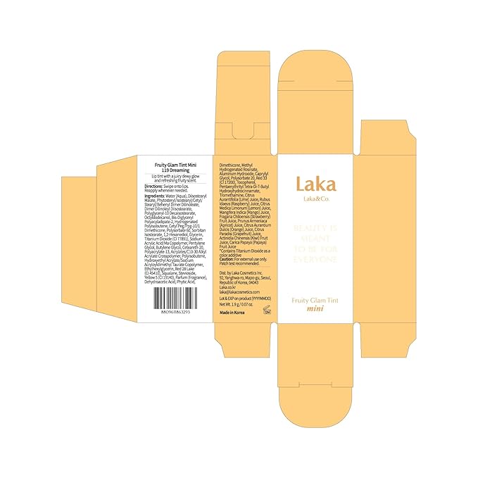 Laka Fruity Glam Lip Tint Mini, 1.9g/0.07oz, Glowing Lip Stain with Wide Color Spectrum, Hydrating & Lightweight Texture, Long-Lasting Bold Stain, Non-Sticky, Vegan, K-Beauty (#119 Dreaming)