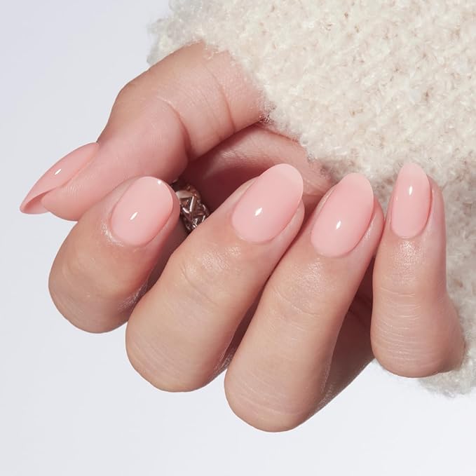 modelones Nude Pink Short Press on Nails, Semi-Transparent Oval Fake Nails Kit Press Ons with Nail Glue, Adhesive Tabs, Nail File, Prep Pad, Manicure Stick, 32Pcs 16 Sizes, Valentines