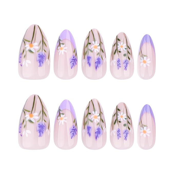XZMeiLun Press On Nails Spring Summer Acrylic Nails for Women - Lavender Designer Fake Nails Short Almond 24PCS, Glossy Soft Gel with Glue, Outdoor Picnic/Wedding/Party Reusable Stick On Nails Gift