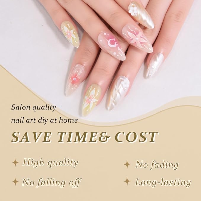 evpct 3D Pearl Pink Green Handmade Press On Nails Almond Medium, 3D Flower Design Fake Nails Rusable for Spring & Summer Daily Wear, False Acrylic Nail with Kits Press ons Nail for Women Gift, 24Pcs