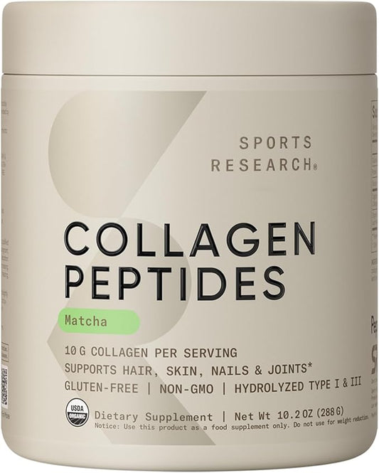 Sports Research Premium Collagen Peptides Powder and Organic Matcha Green Tea - Collagen Powder Protein Supplement with Japanese Matcha and Amino Acids - Gluten Free, Non-GMO, Sugar Free