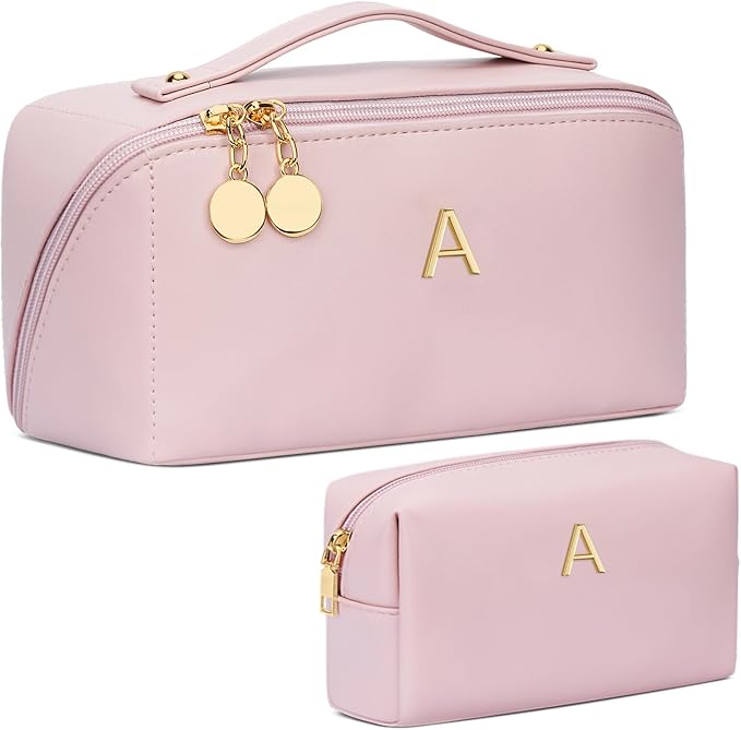 Valentine's Day Gifts for Women Teen Girl, Personalized Initial Makeup Organizer Bag Set, Open Flat Travel Cosmetic Bag With Clear Divider and Handle(Pink,A)