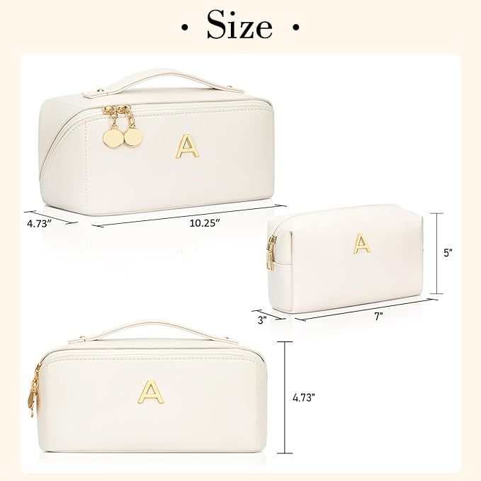 Valentines Day Gifts for Women Teen Girl, Personalized Initial Makeup Organizer Bag Set, Open Flat Travel Cosmetic Bag With Clear Divider and Handle(Large-Beige,A)