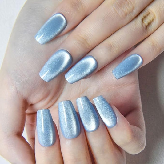 evpct Light Blue Cat Eye Coffin Press on Nails Square Medium, Medium Square Stick on Nail for Women, Light Blue Metallic Glitter Glossy Reusable Summer Soft Gel Press on Acrylic Fake Nail with Designs
