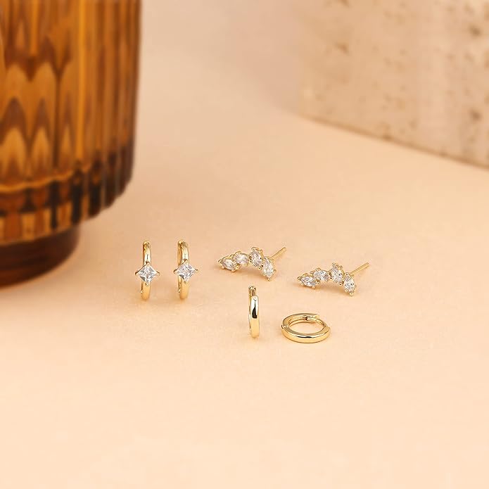 Freekiss 3 Pairs Gold Hoop Earrings Set: Dainty Stud Earrings Trendy Small 14K Gold Plated Hypoallergenic Dangle Cartilage Huggie Hoop Earrings for Women Gold Jewelry for Women Gifts
