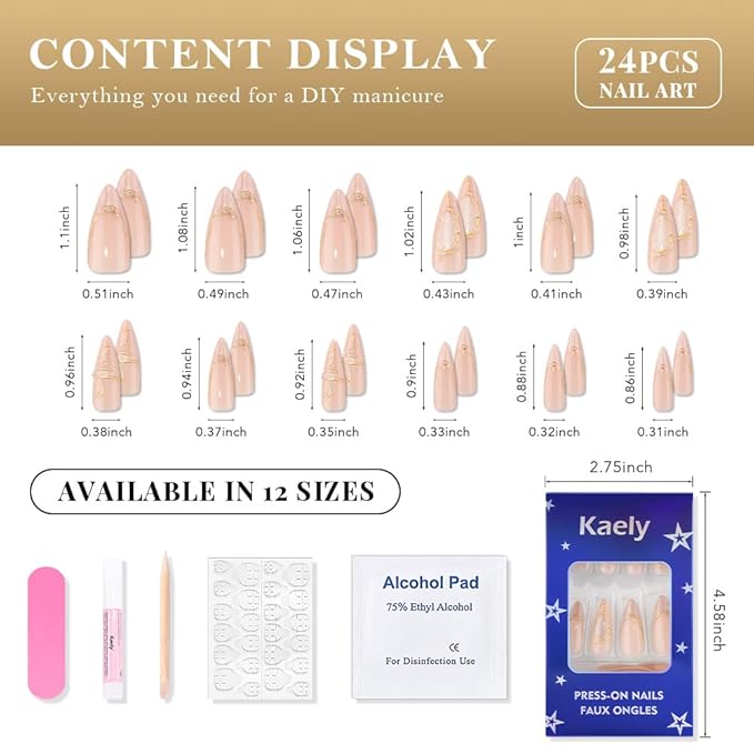 XZMeiLun French Tips Press on Nails Almond Medium Length - Stiletto Acrylic Fake Nails with 3D Gold Line Cat Eye Floral Design, Reusable Glue-On Stick for Fall Flower Fashion Nails for Women