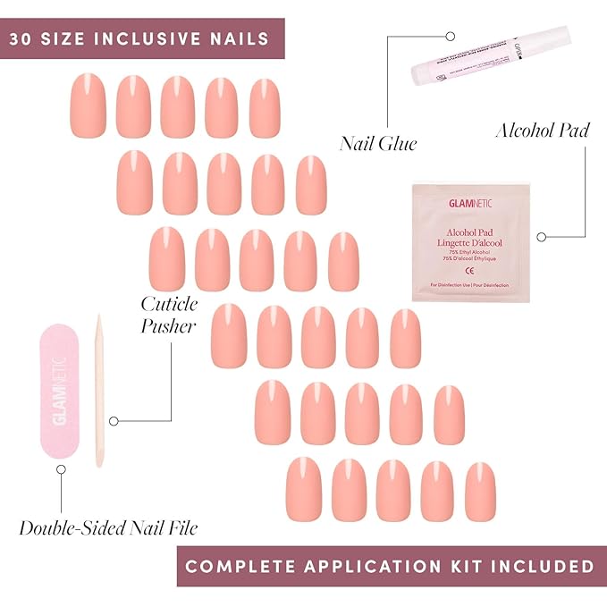 Glamnetic Press On Nails - Peach Coral | Short Round Orange Fake Nails with Glossy Finish, Salon Quality | 15 Sizes - 30 Nail Kit with Glue