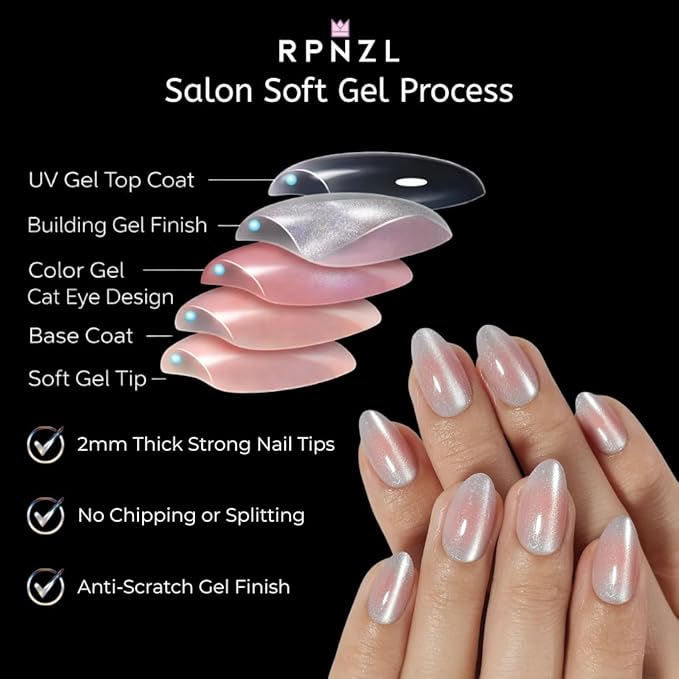 RPNZL Press On Nails - Halo | White and Pink Cat Eye, UV Finish Medium Almond Nails, Salon Quality | 32 Nails, 16 Sizes Kit with Glue and Adhesive Tabs I Female Founded