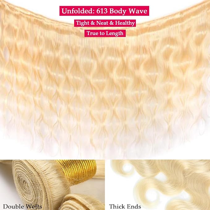 613 Bundles Blonde Human Hair Body Wave Bundles 24 26 28 Inch 100% Unprocessed 12A Grade Brazilian Virgin Hair Extensions for Women Double Weft Quick Weave Full and Thick No Tangle