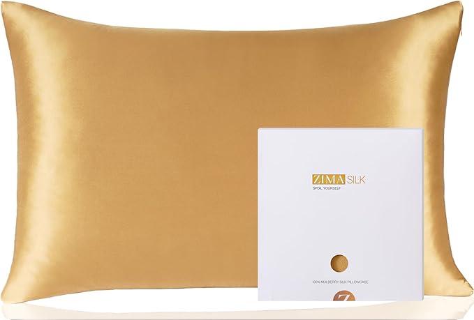 ZIMASILK 100% Pure Mulberry Silk Pillowcase for Hair and Skin Health,Soft and Smooth,Both Sides Premium Grade 6A Silk,600 Thread Count,with Hidden Zipper,1pc (Queen 20''x30'',Golden)