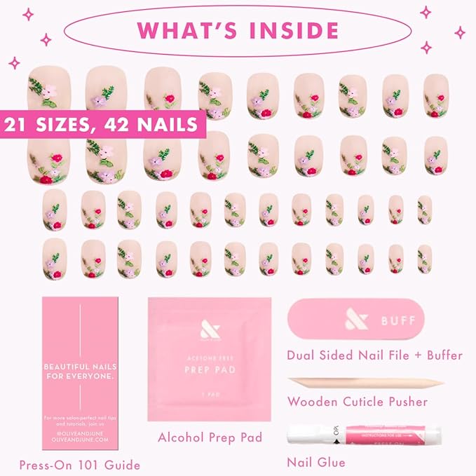 Olive & June Instant Mani Press-On Nails | (Glue) Short, Squoval 42 Fake Nails, 21 Sizes | Non-Toxic, Long-Lasting Recycled Materials Realistic Look | Salon-Quality at Home | Rose Bouquets