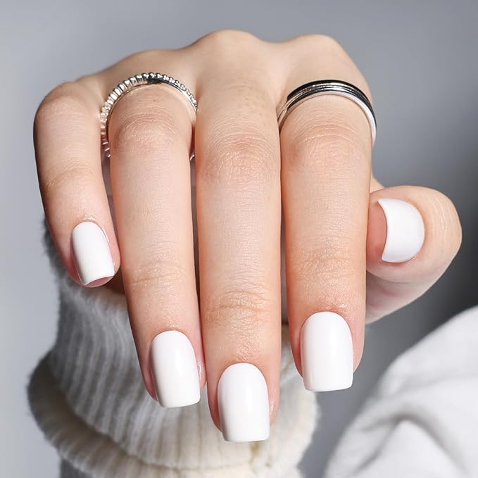 Leefrei White Press on Nails - Short Square Press on Nails, Milky Nails Press Ons for Women DIY Fake Nails Kit with Glue, Glossy Reusable Glue on Nail Short in 15 Sizes - 30pcs, Milky White