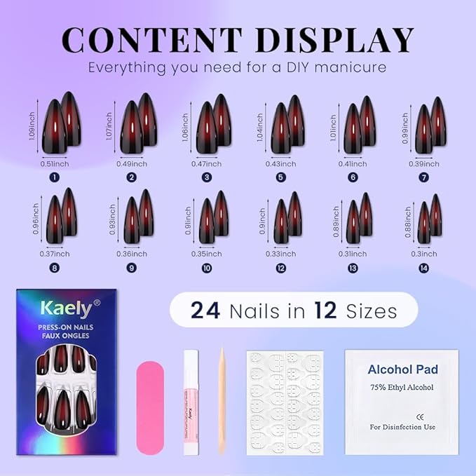 evpct Ombre Dark Red Press on Nails Medium Almond, Medium Almond Glossy Stick on Nail for Women Gift with Manicure Kit, Reusable Full Cover Soft Stick on Fake Nail with Ombre Design Perfectly Fit