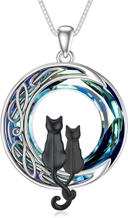 TOUPOP Cat Gifts for Cat Lovers One Two Three Four Cats Necklace Sterling Silver Cats on the Moon Pendant Necklace with Blue Circle Crystal Birthday Christmas Celtic Jewelry Gifts for Women