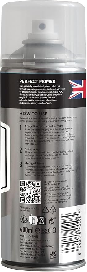 JENOLITE Plastic Primer Spray - GREY - Strong Adhesion Spray Paint Primer for Indoor and Outdoor Use On Hard Plastic Surfaces - 400ml (13.5fl oz)