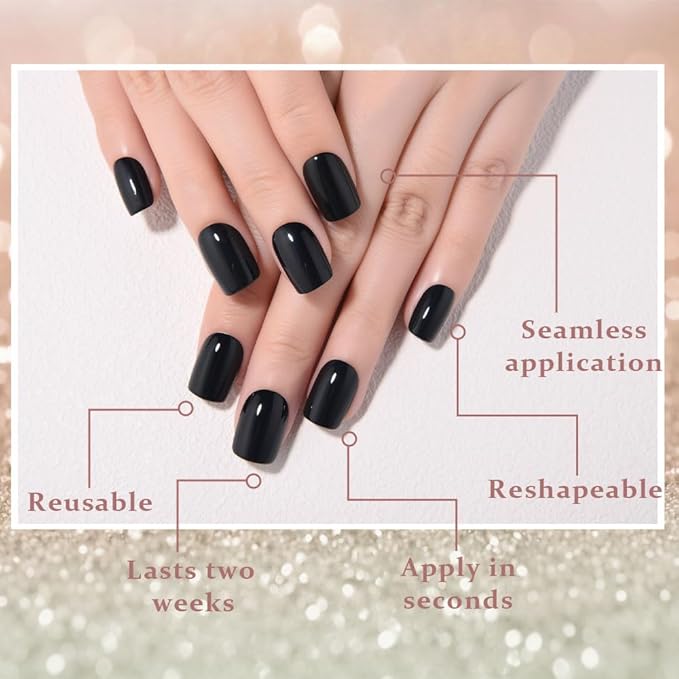 evpct Black Short Press on Nails Square, Glossy Soft Gel Acrylic Fake Press on Nails Manicure Kit, Reusable Artificial Stick on Nail for Women, Full Cover Easy Application Easy At-Home Salon