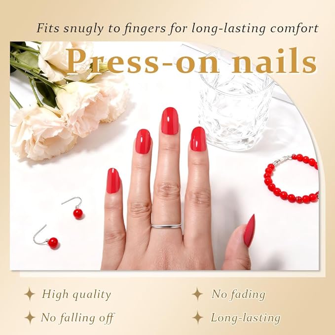 evpct Flare Red Medium Oval Glossy Press on Nails for Women Gift, Glossy Flare Red Fake Nail with Nail Kit Manicure Kit, Soft Gel Full Cover Reusable Stick on Acrylic False Nails Perfectly Fit