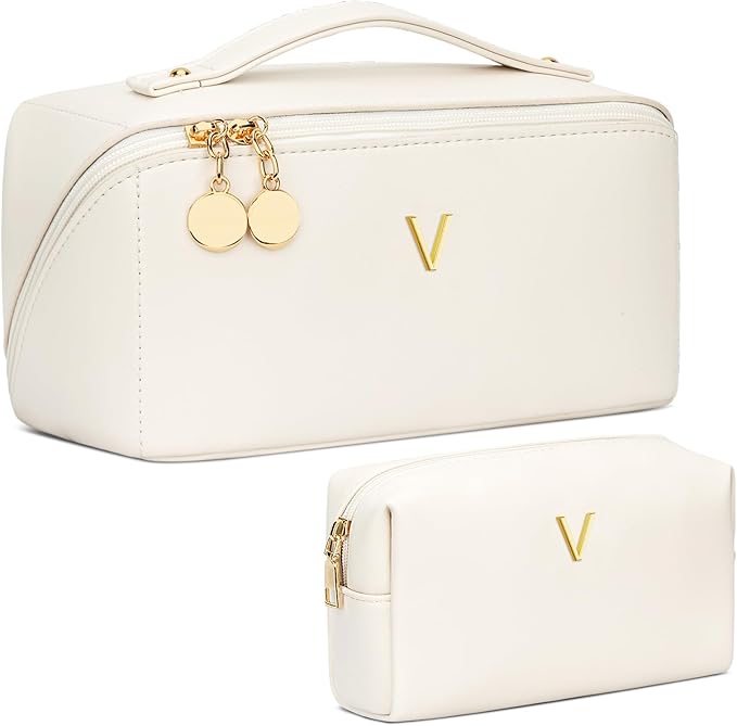 Valentine's Day Gifts for Women Teen Girl, Personalized Initial Makeup Organizer Bag Set, Open Flat Travel Cosmetic Bag With Clear Divider and Handle(Beige,V)
