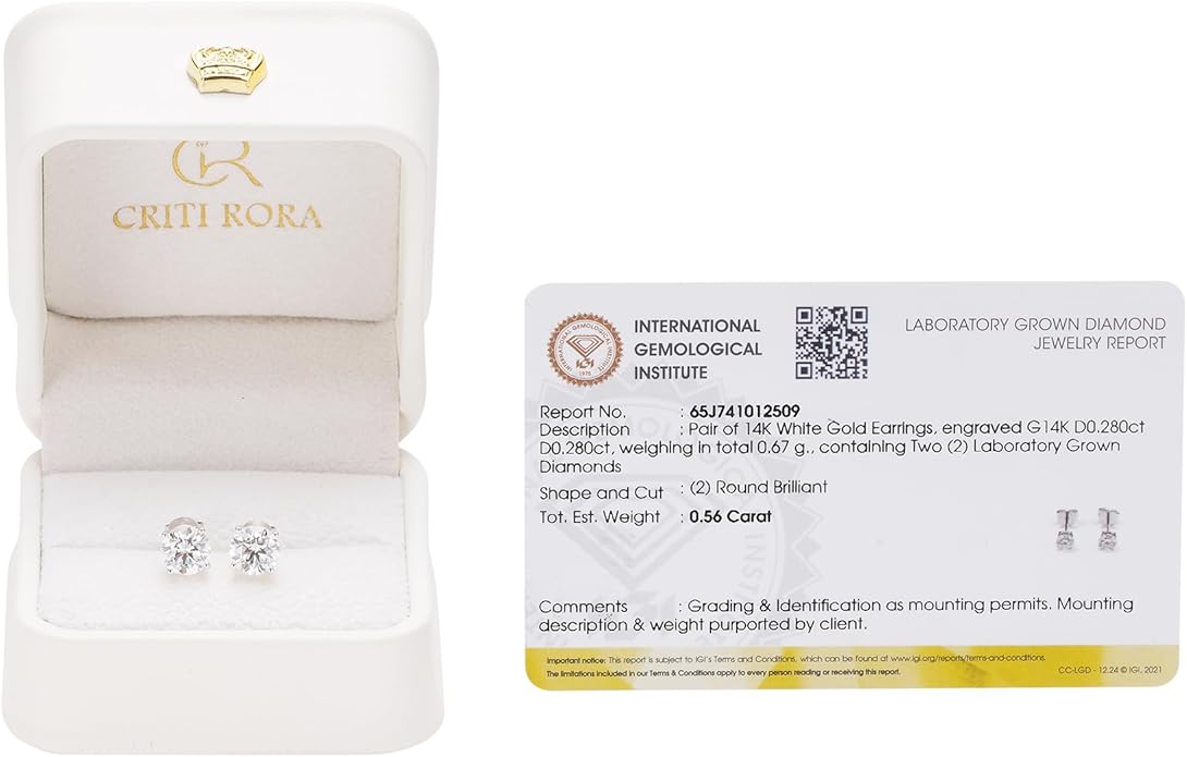 14K White Gold Lab Grown Diamond Stud Earrings, 0.5-2.00 Ct Round IGI Certified, E-F Color VS1-VS2 Clarity, Push Back Setting