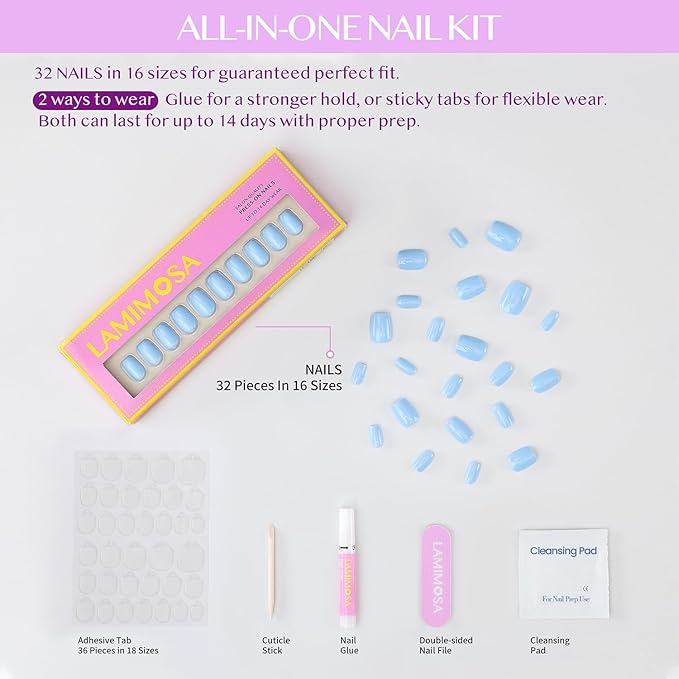 LAMIMOSA 32Pcs Press On Nails Short Square - Dusty Blue Nail Kit, Soft Gel Fake Nails in 16 Sizes, Reusable Glue on Nails, CELESTE