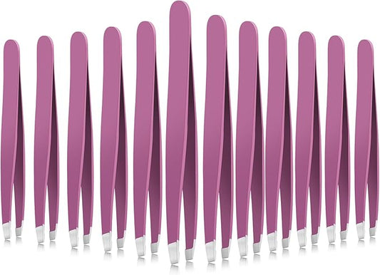 Mudder 12 Pcs Eyebrow Tweezers Set for Facial Hair Stainless Steel Slanted Tip Tweezers in Bulk for Men and Women (Purple)