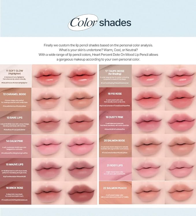 Heart Percent Dote On Mood Lip Liner Pencil, Long-Lasting Creamy Lip Crayon Smooth Lipliner Retractable Lipstick Overlip Line Color 0.8g, #11. Soft Glow